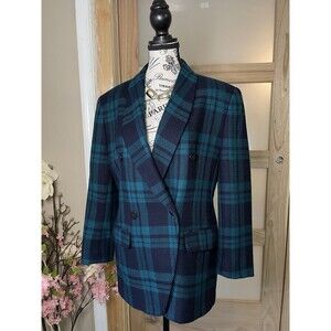 Jones New York Wool Plaid Blazer 12P Blue Navy Tailored Classic Jacket Academia
